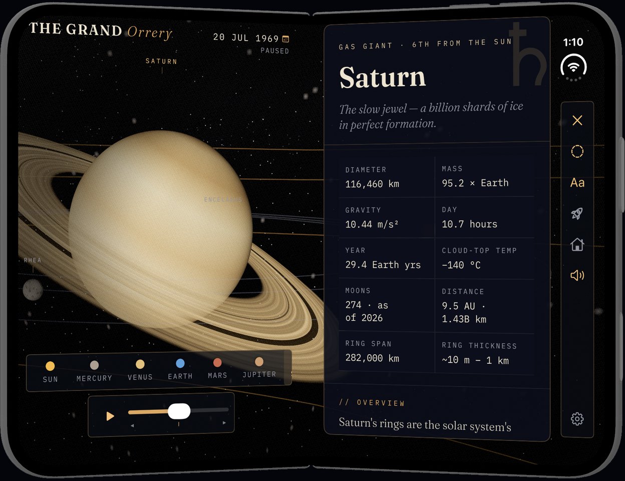 The Grand Orrery on iPhone Duo, half open like a book. Saturn and its rings fill
              the left page; on the right page sits its field-guide dossier, listing diameter,
              mass, gravity, day length, year, cloud-top temperature, moons, distance, ring span
              and ring thickness, with the app's controls in a column down the right edge.