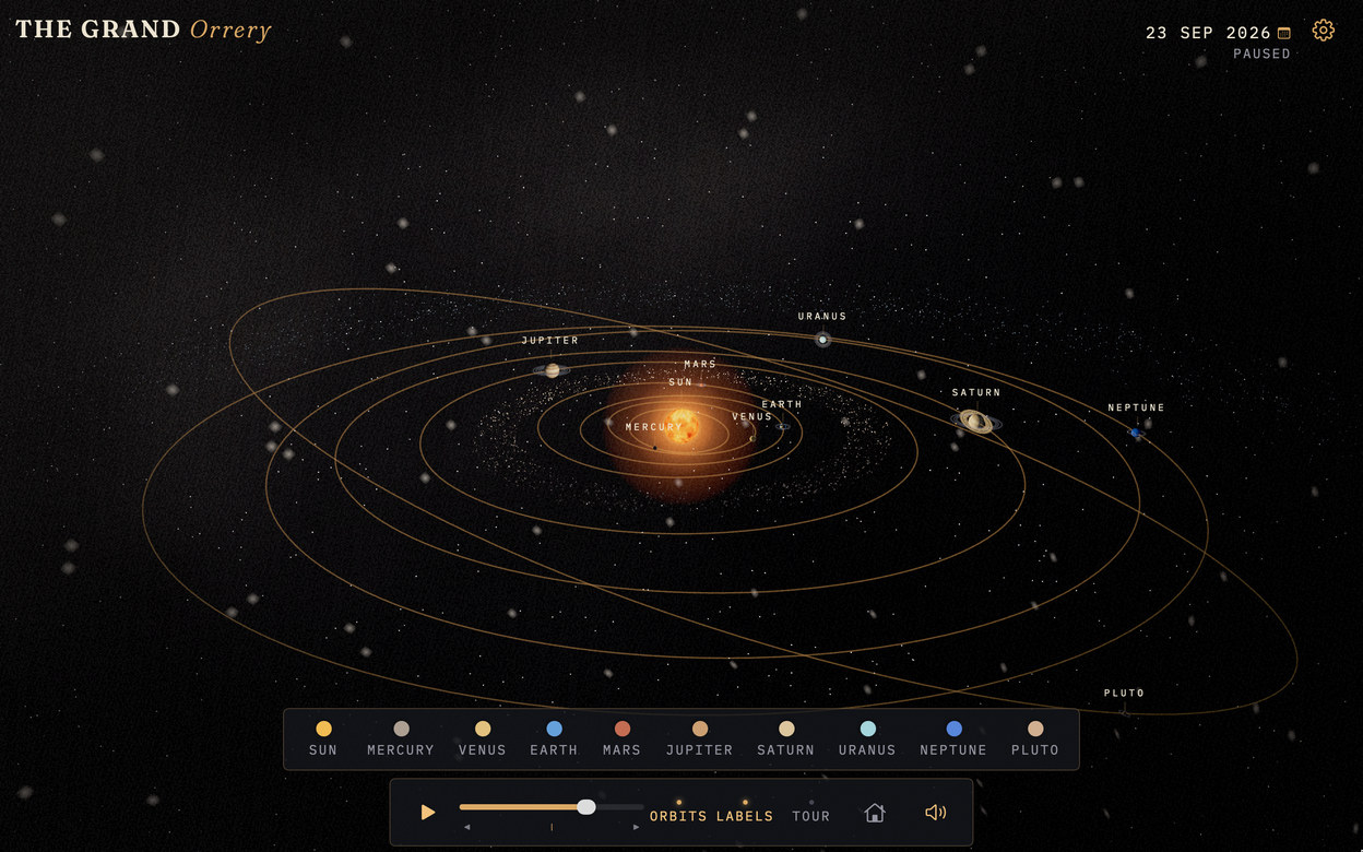 The Grand Orrery running on a Mac. The Sun sits at the center of a set of
              gold elliptical orbits, each planet labeled, with the world selector and speed
              control along the bottom and the date 23 September 2026 at the top right.